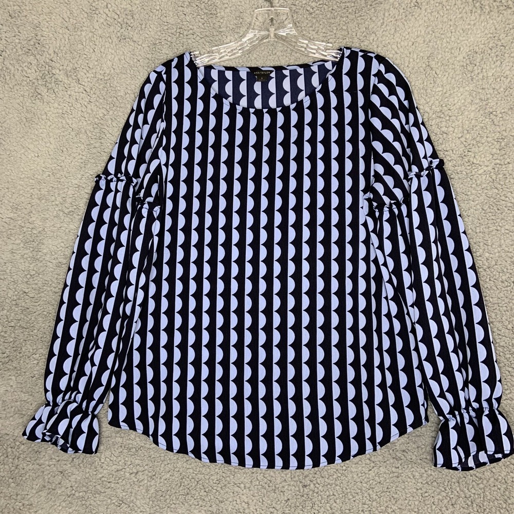 Ann Taylor Shirt Womens Small Blue Black Geometric Print Work Office Business